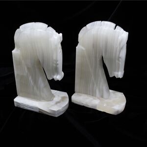 Vintage Heavy Stone Carved Onyx Marble Trojan Horse Head Book Shelf Bookends Set